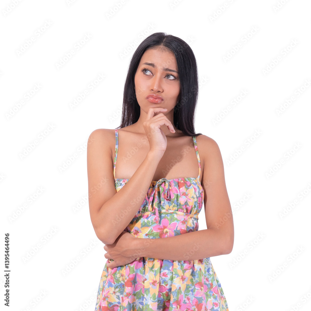 A young Asian woman with long black hair, wearing a floral dress, thinking deeply with her hand on her chin against isolated on a transparent background A young Asian woman with long black hair, wearing a floral dress, thinking deeply with her hand on her chin against isolated on a transparent background
