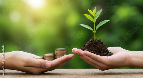 Growing money concept with hands holding plant and coins investment