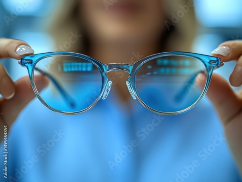 Woman holds new eyeglasses at eye clinic. Light blur background for ads