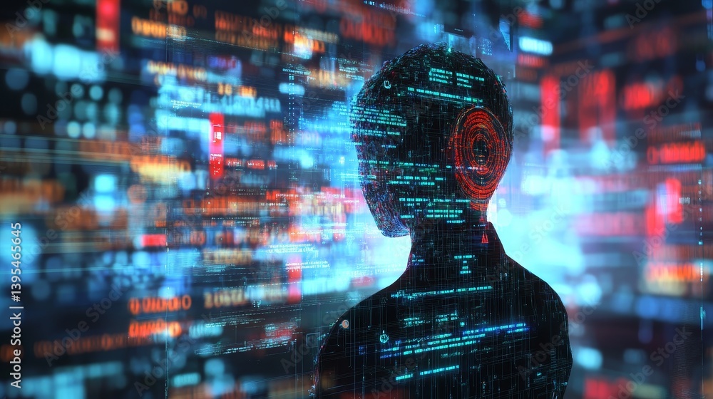 Silhouette of a person with digital code overlay futuristic and abstract.