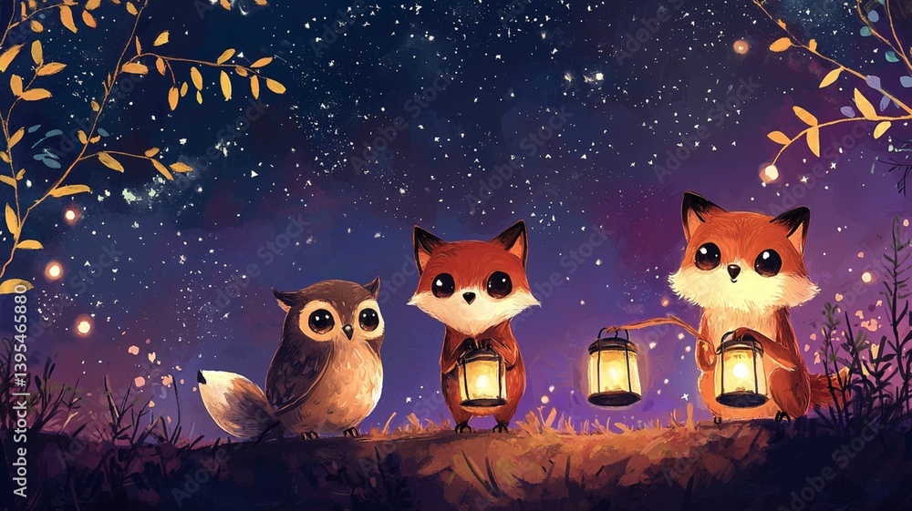 Cute Animals Under Starry Sky with Lanterns at Night