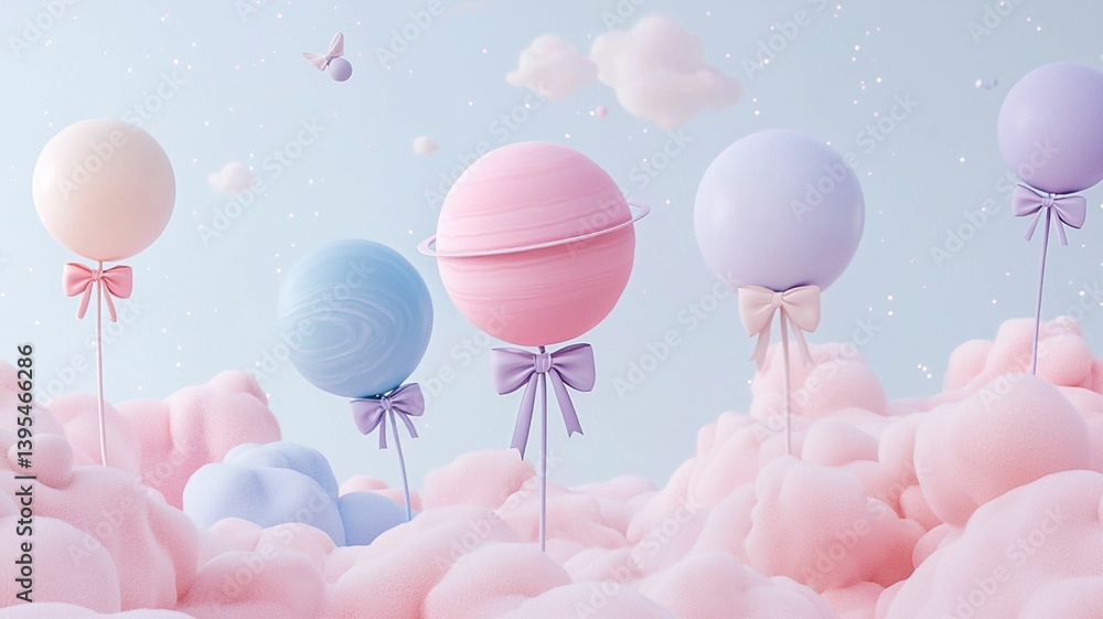 Dreamy pastel balloons floating in fluffy clouds