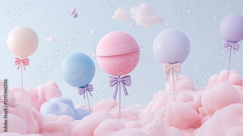 Obraz na płótnie Dreamy pastel balloons floating in fluffy clouds w salonie