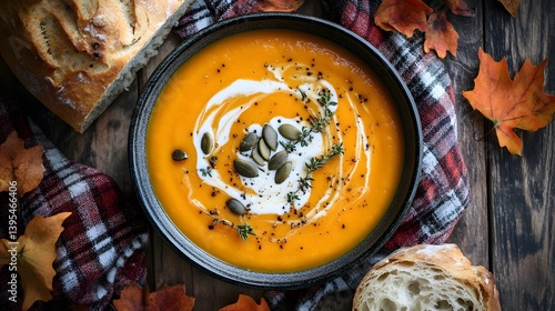 Obraz na płótnie Autumn Comfort Food: Pumpkin Soup with Roasted Seeds and Rustic Bread w salonie