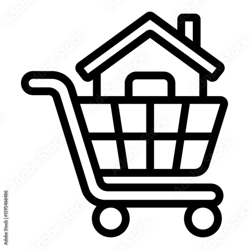 Shopping cart with house line icon, housing market concept. Vector graphics. Cottage building, purchase sign on white background, style mobile or design.