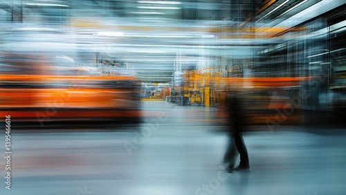 Motion blur photo of a modern factory interior with blurred worker silhouette.