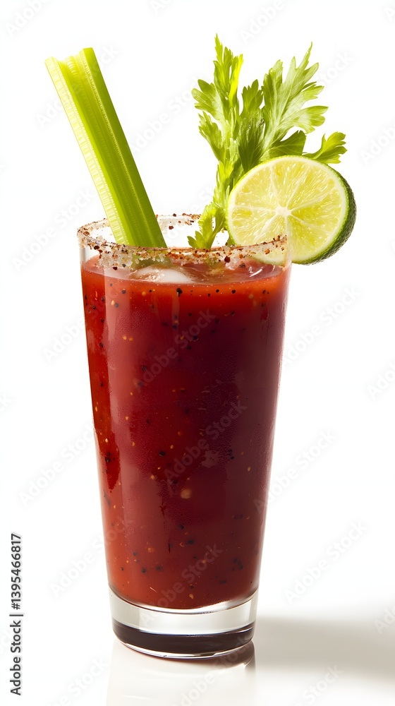 Bloody Mary in a Tall Glass with Celery and Lime on White Background