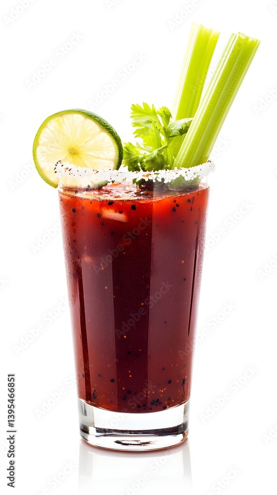 Bloody Mary in a Tall Glass with Celery and Lime on White Background