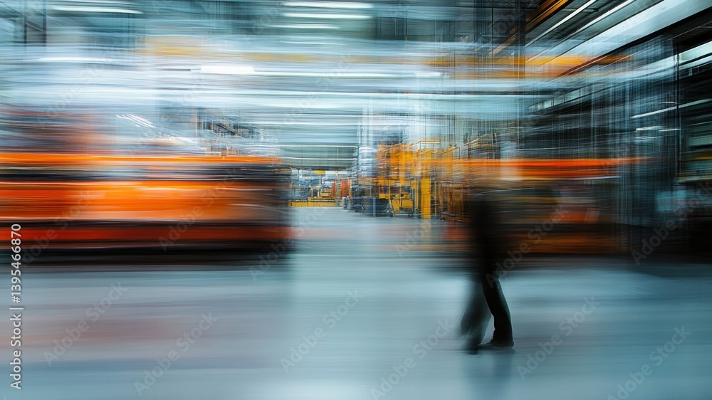 Abstract industrial space with blurred motion and a warehouse employee walking.