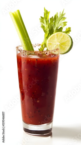 Obraz na płótnie Bloody Mary in a Tall Glass with Celery and Lime on White Background w salonie