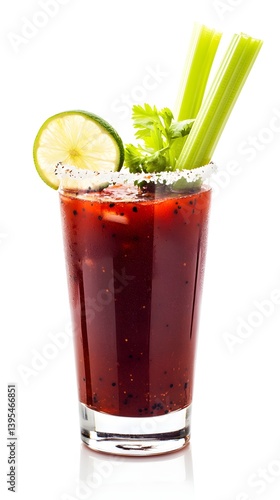 Obraz na płótnie Bloody Mary in a Tall Glass with Celery and Lime on White Background w salonie