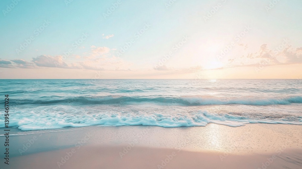 Fototapeta premium Serene sunset over a tranquil ocean beach with gentle waves lapping the soft sand creating a peaceful and idyllic coastal scene perfect for relaxation and summer vacation dreams.