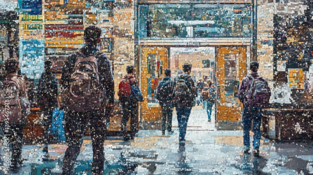 People walk through a busy urban area with posters and a building entrance.