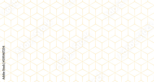 Luxury geometric pattern of interconnected hexagons and cubes, created by thin gold lines on a white background. 