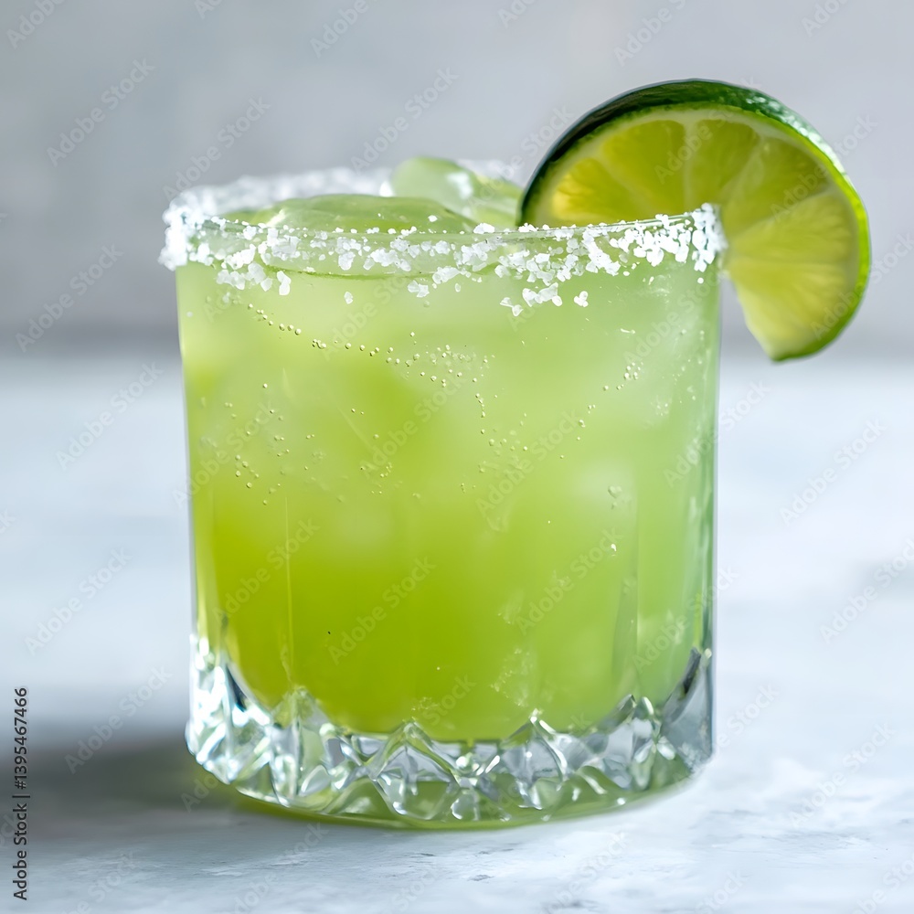 Classic Margarita Cocktail with Lime Wedge and Salt Rim on White Background