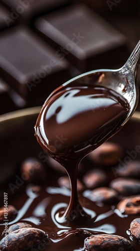 Obraz na płótnie Decadent Chocolate Indulgence: Melted Dark Chocolate Dripping from a Spoon w salonie
