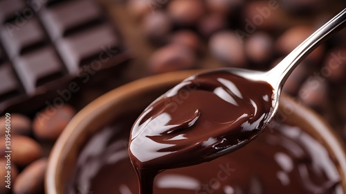 Obraz na płótnie Decadent Chocolate Indulgence: Melted Dark Chocolate Dripping from a Spoon w salonie