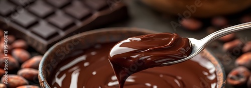 Obraz na płótnie Decadent Chocolate Indulgence: Melted Dark Chocolate Dripping from a Spoon w salonie