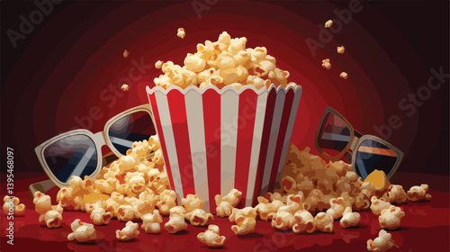 Cinema Snack Concept: Delicious Popcorn with 3D Glasses and Movie Tickets on White Background