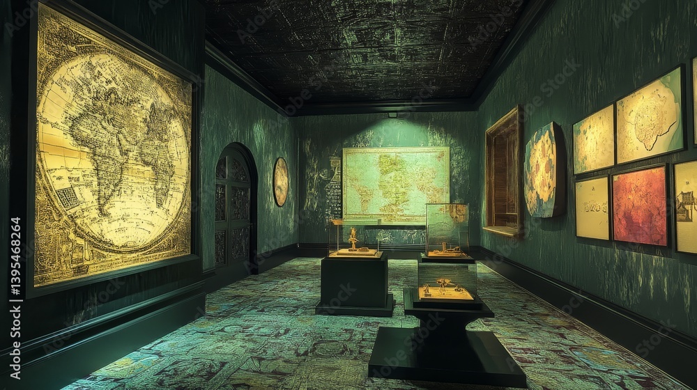 Gallery room with old maps and artwork displayed on walls and pedestals.