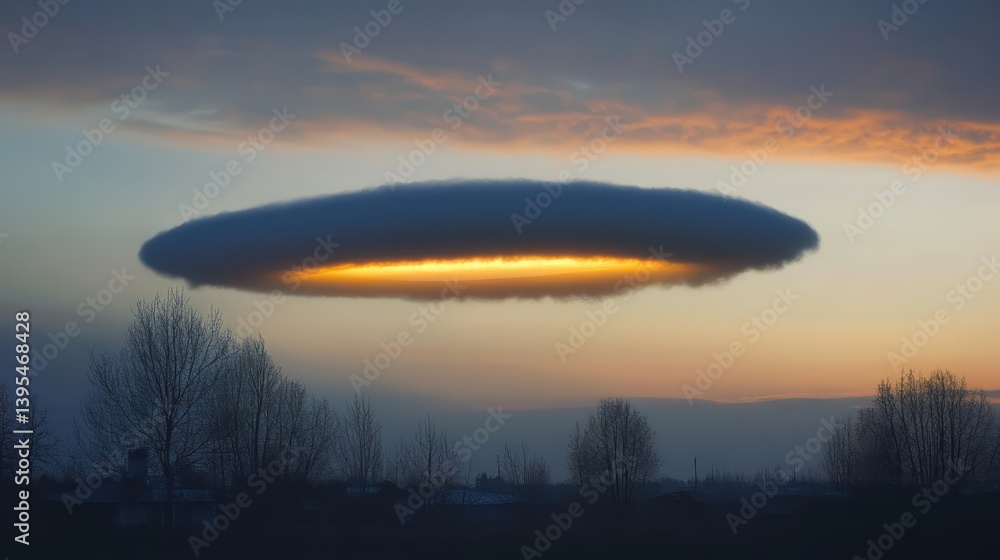 Flying saucer over city twilight Flying saucer over city twilight