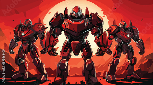 Three Powerful Fighter Robots: Muscular Robots Showing Strength and Power