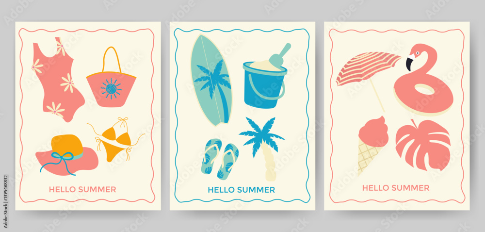 Fototapeta premium Set of vintage greeting cards for summer. Hand drawn frames with flamingos, ice cream, pineapple, tropic leaves, cocktails, plum tree, watermelon, lemon, beach accessories template for poster, banner