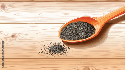 Professional Spoon with Poppy Seeds on Light Wooden Background Vector Illustration