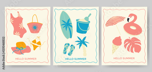 Set of vintage greeting cards for summer. Hand drawn frames with flamingos, ice cream, pineapple, tropic leaves, cocktails, plum tree, watermelon, 
lemon, beach accessories template for poster, banner