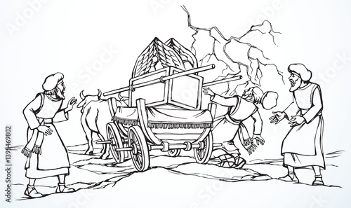 Vector drawing. The ark of the covenant being transported on a wooden cart pulled by two oxens