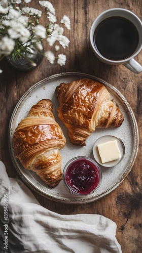 Obraz na płótnie Golden Brown French Croissants with Butter and Coffee on a Wooden Table w salonie