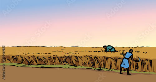 Vector drawing. Reapers in the field