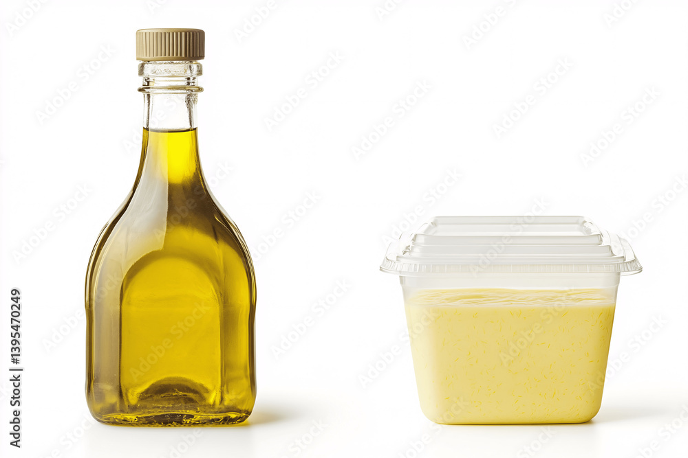 Olive Oil Bottle and Margarine Container Side by Side on White Background in Studio Lighting, illustrating the choice between healthy and industrial food Olive Oil Bottle and Margarine Container Side by Side on White Background in Studio Lighting, illustrating the choice between healthy and industrial food