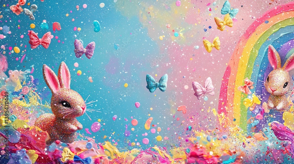 Vibrant Bunnies and Colorful Butterflies in Fantasy Scene