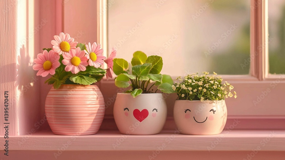 Cheerful Flower Pots With Smiling Faces in Sunlight