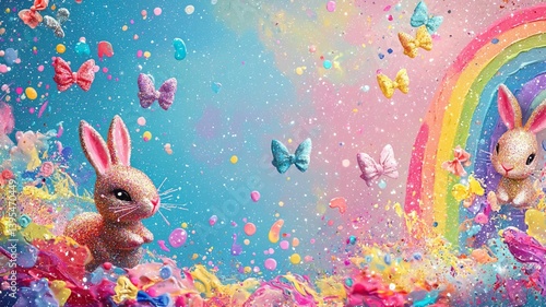 Obraz na płótnie Vibrant Bunnies and Colorful Butterflies in Fantasy Scene w salonie