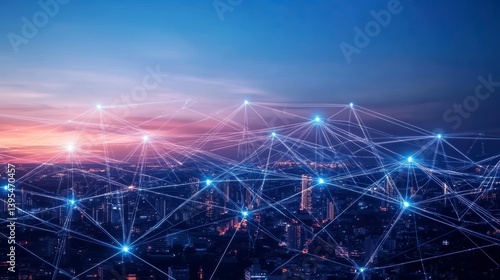 Network connections over cityscape at sunset.
