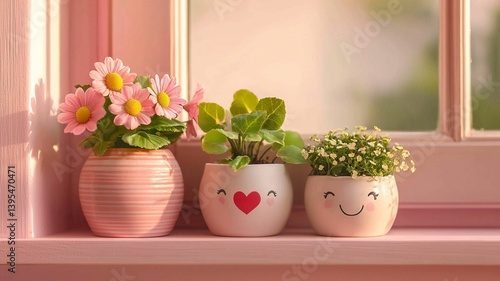 Obraz na płótnie Cheerful Flower Pots With Smiling Faces in Sunlight w salonie