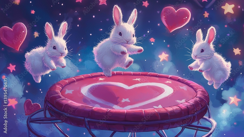 Playful Bunnies Jumping on Heart-Themed Trampoline