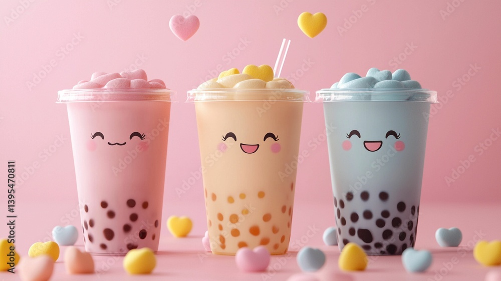 Cute Bubble Tea Cups with Colorful Toppings and Smiles