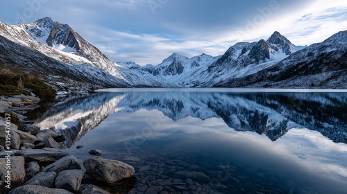 Snow-covered mountains reflect in a pristine lake at dusk.