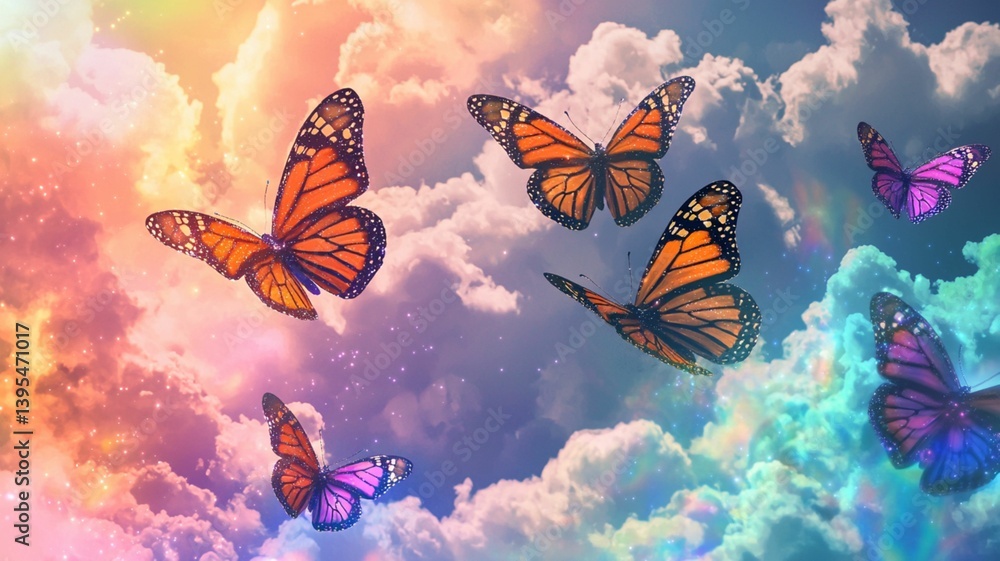 Colorful Butterflies Flying Through Vibrant Clouds