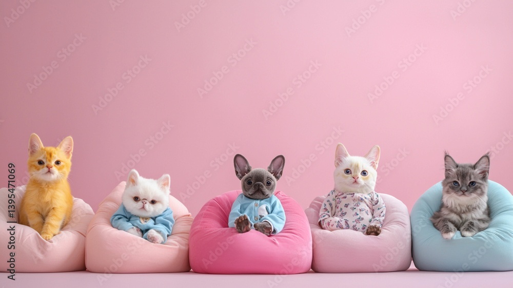 Adorable Cats and Dogs Relaxing on Cushioned Beds