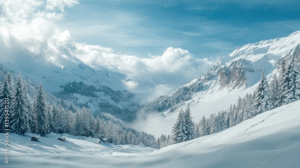 Snowy mountains with trees, sky and clouds on a cold winter day. Snowy mountains with trees, sky and clouds on a cold winter day.