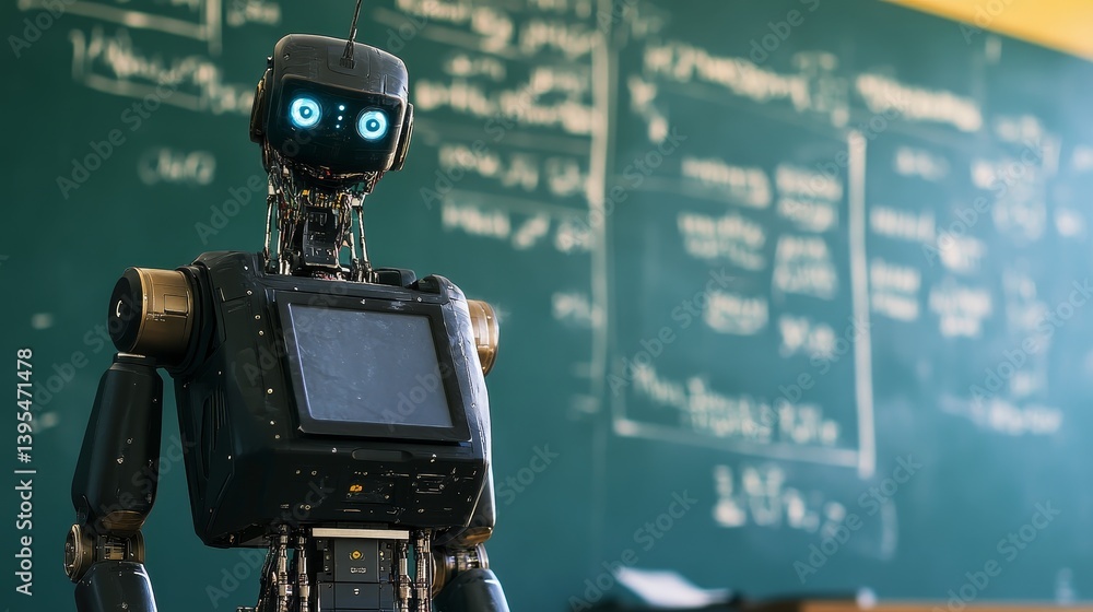 Robot stands in front of a chalkboard in a classroom setting.