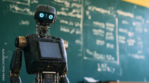Obraz na płótnie Robot stands in front of a chalkboard in a classroom setting. w salonie