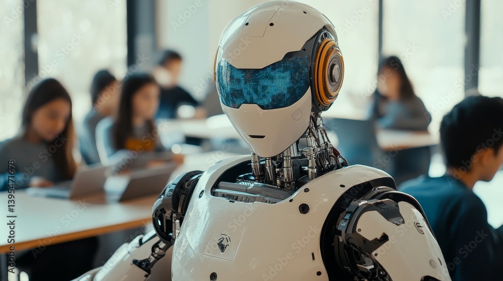 Robot stands in a classroom with children at desks in the background.
