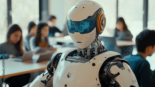 Obraz na płótnie Robot stands in a classroom with children at desks in the background. w salonie