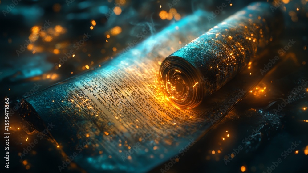 Abstract glowing blue and orange textured surface with bokeh effect.