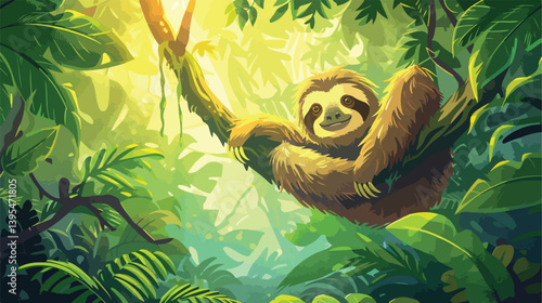 Detailed Vector Illustration of a Cute Sloth in a Lush Jungle Habitat Setting